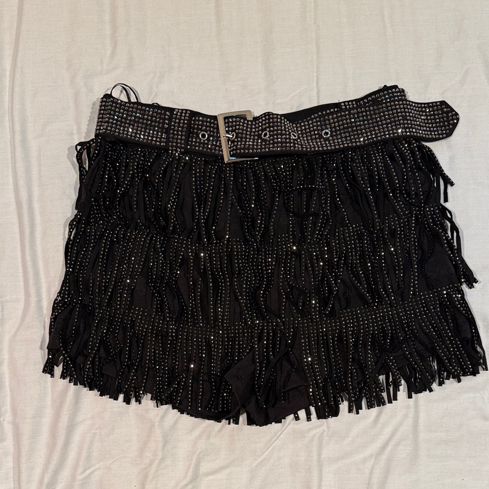 AKIRA Black Fringe Mini Skirt with Studded Belt